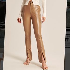 Tan split hem vegan leather pants